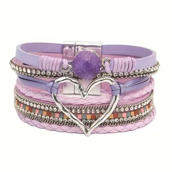 Jewelry - Lavender Purple Leather Multi Layer Heart Crystal Druzy Magnetic Bracelet